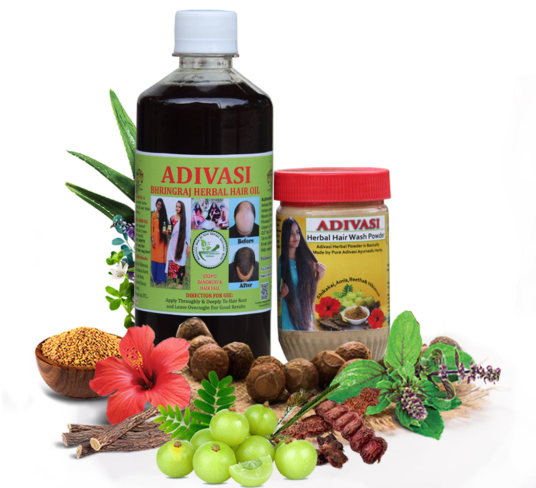 Adivasi Bhringraj Herbal Hair Oil & Adivasi Herbal Hair Wash Powder [500ml+250g](with adivasi traditional ayurvedic technique)