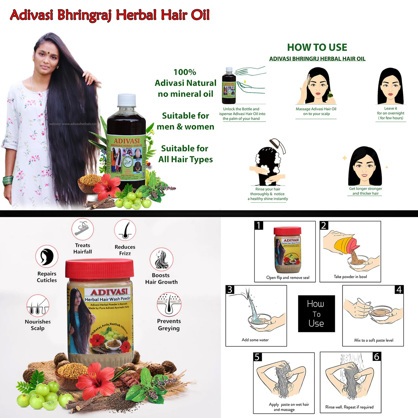 Adivasi Bhringraj Herbal Hair Oil & Adivasi Herbal Hair Wash Powder [500ml+250g](with adivasi traditional ayurvedic technique)