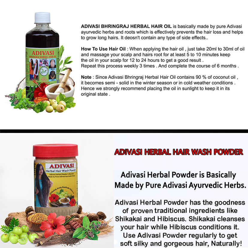 Adivasi Bhringraj Herbal Hair Oil & Adivasi Herbal Hair Wash Powder [500ml+250g](with adivasi traditional ayurvedic technique)